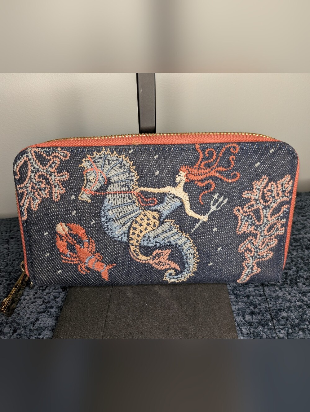 Spartina 449 Denim Embroidered Mermaid Seahorse Zip Around Wallet